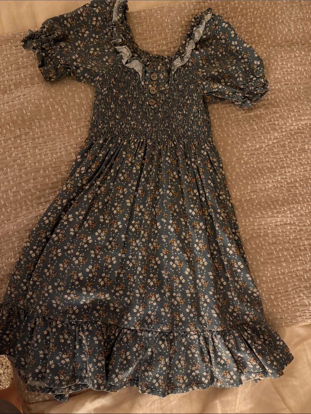 Rylee + Cru Blue Floral Smocked Dress with Ruffle Trim